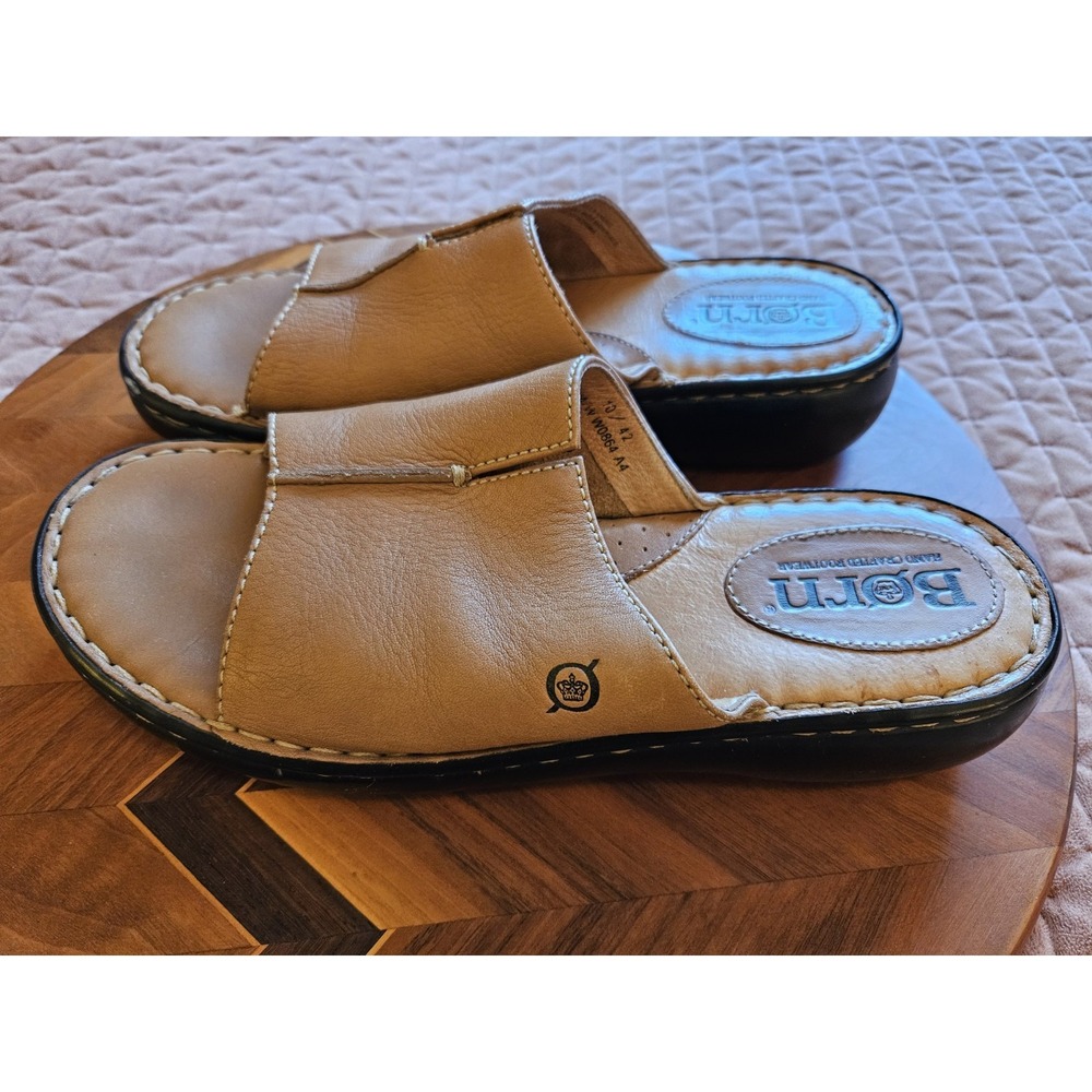 Born Women's Brown Leather Slip-Ons Open Toe Slides Wedge Heel Sandals, Sz. 10